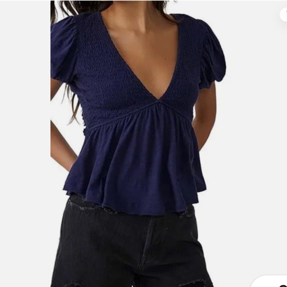 Free People Navy Smocked V-Neck Peplum Blouse